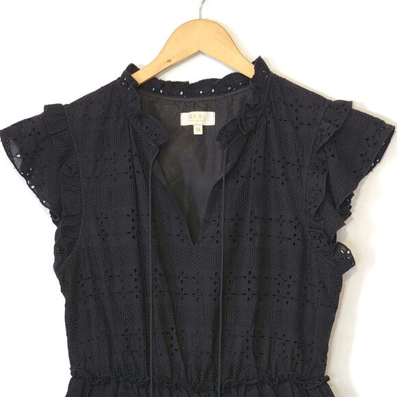 SHOL Los Angeles Eyelet Ruffle Dress Tiered Black Mini Dress Boho Party Size 14 - Picture 4 of 16